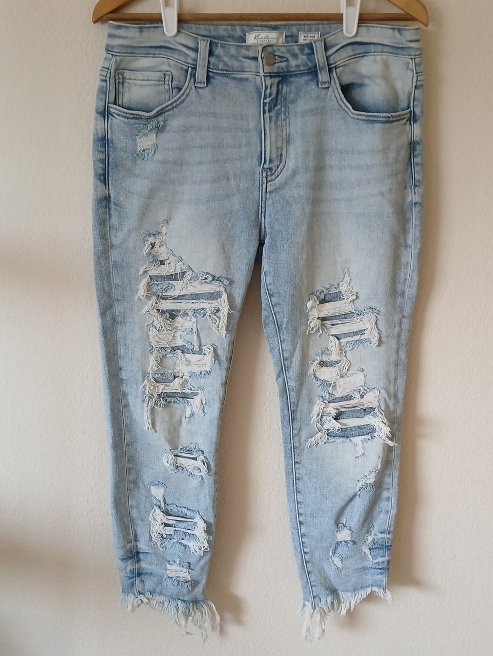 KanCan Heavily Distressed Mid Rise Ankle Skinny Light Wash Jeans